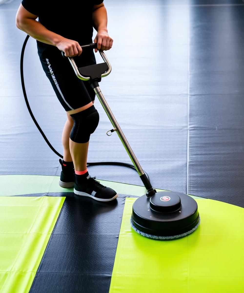 Technician using a professional floor scrubber on lime green and black wrestling mats